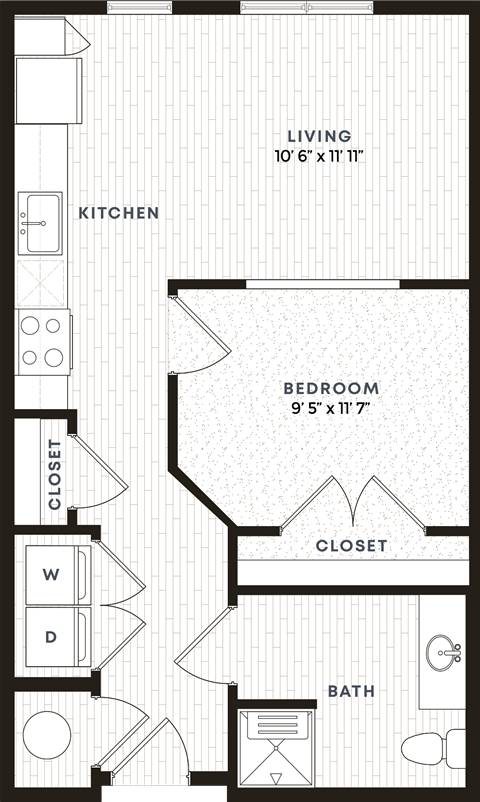 Floor plan for 1 bed, 1 bath, 600 sqft